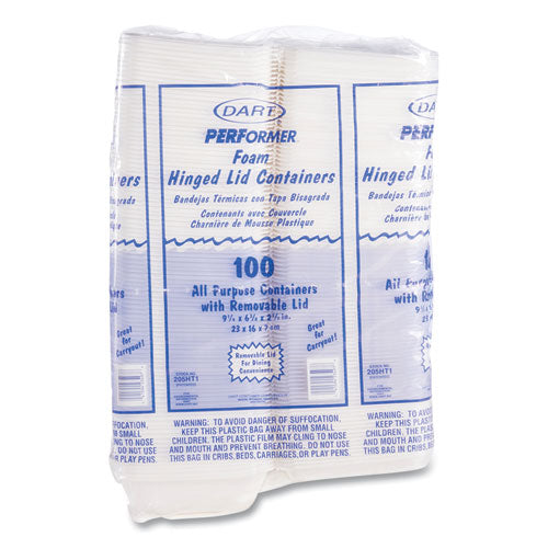 Image of Dart® 205HT1 Foam Hinged Lid Containers, 6.4 x 9.3 x 2.9, White, 100/Pack, 2 Packs/Carton