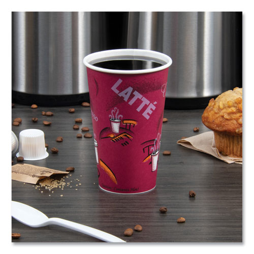 Image of SOLO® 316SI-0041 Paper Hot Drink Cups in Bistro Design, 16 oz, Maroon, 50/Pack