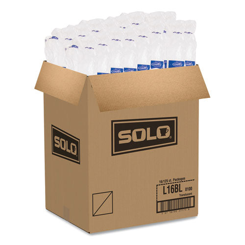 Image of SOLO® L16BL-0100 Polystyrene Plastic Flat Straw-Slot Cold Cup Lids, Fits 12 oz to 24 oz Cold Cups, Plastic, Translucent, 125/Pack, 16 Packs/CT