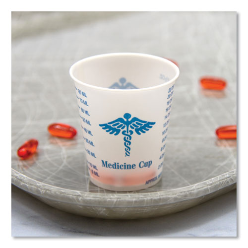 Image of SOLO® R3-43107 Paper Medical and Dental Graduated Cups, ProPlanet Seal, 3 oz, Paper, White/Blue, 100/Bag, 50 Bags/Carton