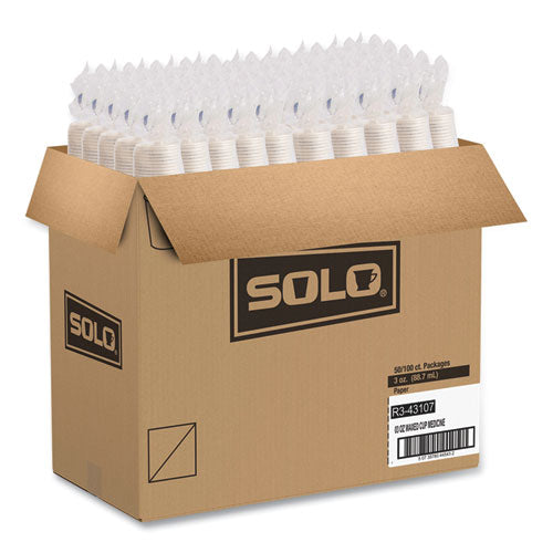 Image of SOLO® R3-43107 Paper Medical and Dental Graduated Cups, ProPlanet Seal, 3 oz, Paper, White/Blue, 100/Bag, 50 Bags/Carton