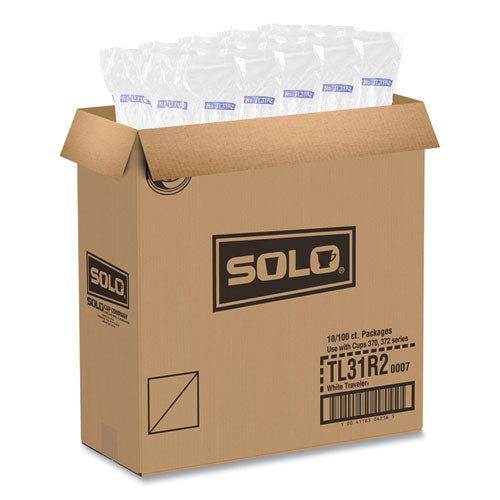 Image of SOLO® TL31R2-0007 Traveler Cappuccino Style Dome Lid, Fits 10 oz Hot Cups, Plastic, White, 100/Pack, 10 Packs/Carton