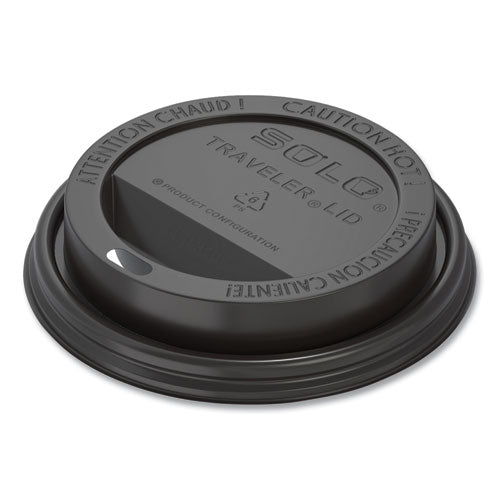 Image of SOLO® TLB316-0004 Traveler Cappuccino Style Dome Lid, Fits 10 oz to 24 oz Hot Cups, Plastic, Black, 100/Sleeve, 10 Sleeves/Carton