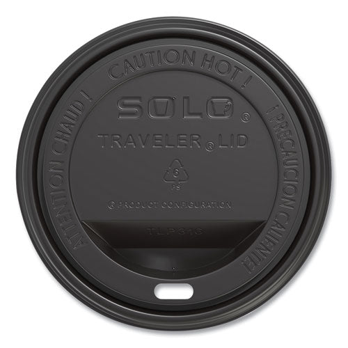 Image of SOLO® TLB316-0004 Traveler Cappuccino Style Dome Lid, Fits 10 oz to 24 oz Hot Cups, Plastic, Black, 100/Sleeve, 10 Sleeves/Carton
