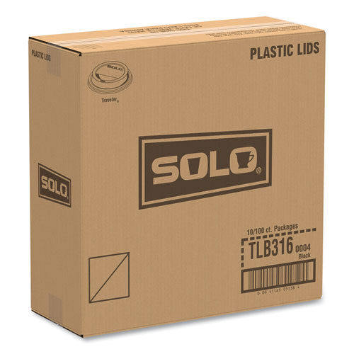 Image of SOLO® TLB316-0004 Traveler Cappuccino Style Dome Lid, Fits 10 oz to 24 oz Hot Cups, Plastic, Black, 100/Sleeve, 10 Sleeves/Carton