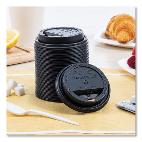 Image of SOLO® TLB316-0004 Traveler Cappuccino Style Dome Lid, Fits 10 oz to 24 oz Hot Cups, Plastic, Black, 100/Sleeve, 10 Sleeves/Carton