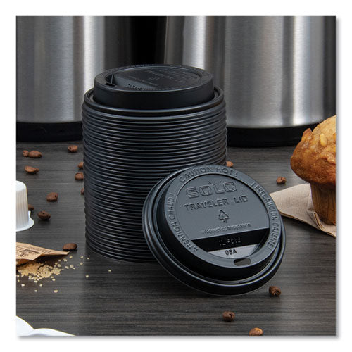 Image of SOLO® TLB316-0004 Traveler Cappuccino Style Dome Lid, Fits 10 oz to 24 oz Hot Cups, Plastic, Black, 100/Sleeve, 10 Sleeves/Carton