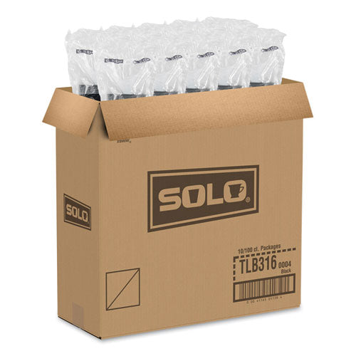 Image of SOLO® TLB316-0004 Traveler Cappuccino Style Dome Lid, Fits 10 oz to 24 oz Hot Cups, Plastic, Black, 100/Sleeve, 10 Sleeves/Carton