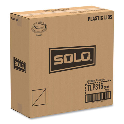 Image of SOLO® TLP316-0007 Traveler Cappuccino Style Dome Lid, Fits 10 oz to 24 oz Hot Cups, Plastic, White, 100/Pack, 10 Packs/Carton