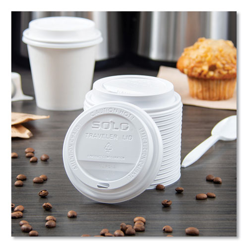 Image of SOLO® TLP316-0007 Traveler Cappuccino Style Dome Lid, Fits 10 oz to 24 oz Hot Cups, Plastic, White, 100/Pack, 10 Packs/Carton