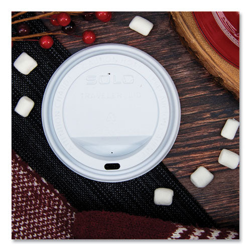 Image of SOLO® TLP316-0007 Traveler Cappuccino Style Dome Lid, Fits 10 oz to 24 oz Hot Cups, Plastic, White, 100/Pack, 10 Packs/Carton