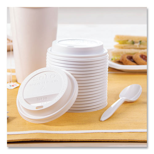 Image of SOLO® TLP316-0007 Traveler Cappuccino Style Dome Lid, Fits 10 oz to 24 oz Hot Cups, Plastic, White, 100/Pack, 10 Packs/Carton