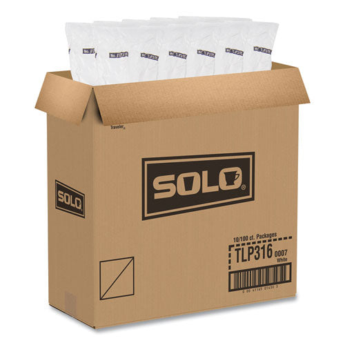 Image of SOLO® TLP316-0007 Traveler Cappuccino Style Dome Lid, Fits 10 oz to 24 oz Hot Cups, Plastic, White, 100/Pack, 10 Packs/Carton