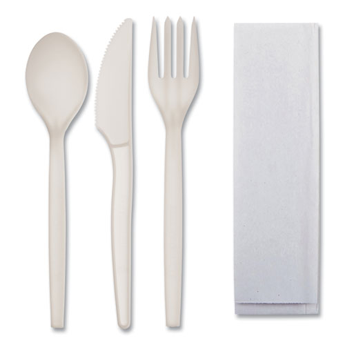Image of WNA EPS005 EcoSense Renewable PSM Wrapped Cutlery Kit, Fork/Knife/Napkin/Spoon, Plastic, White, 250/Carton