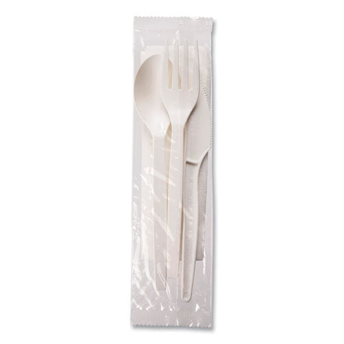 Image of WNA EPS005 EcoSense Renewable PSM Wrapped Cutlery Kit, Fork/Knife/Napkin/Spoon, Plastic, White, 250/Carton