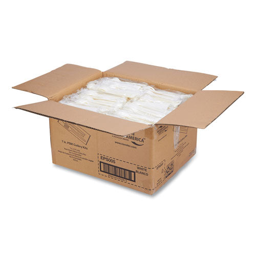 Image of WNA EPS005 EcoSense Renewable PSM Wrapped Cutlery Kit, Fork/Knife/Napkin/Spoon, Plastic, White, 250/Carton
