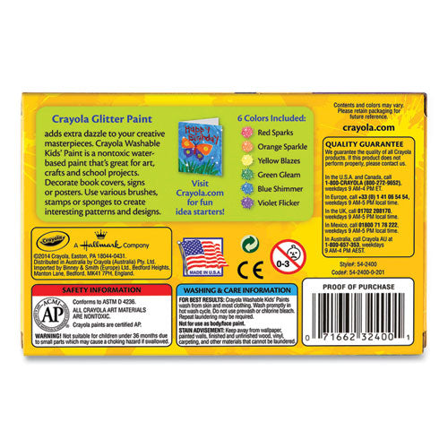 Image of Crayola® 542400 Washable Paint, 6 Assorted Classic Colors, 2 Oz Bottle, 6/pack