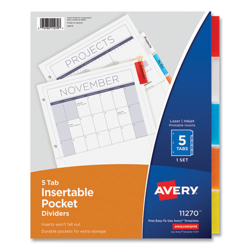 Image of Avery® 11270 Insertable Dividers w/Single Pockets, 5-Tab, 11.25 x 9.13, White, 1 Set
