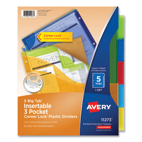 Image of Avery® 11273 Insertable Big Tab Plastic Three-Pocket Corner Lock Dividers, 5-Tab, 11.13 X 9.25, Assorted, 1 Set