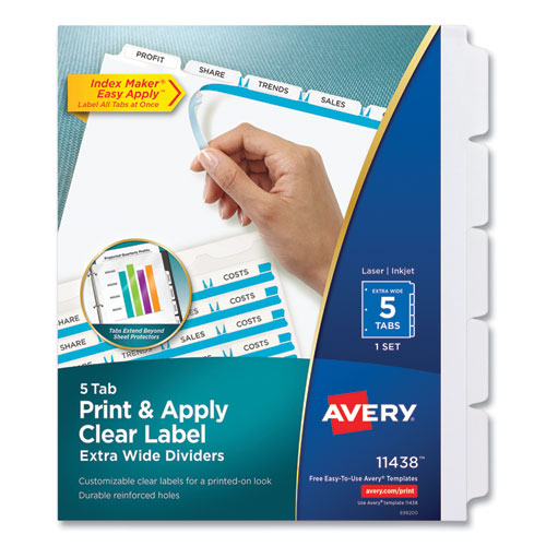 Image of Avery® 11438 Print and Apply Index Maker Clear Label Dividers, Extra Wide Tab, 5-Tab, White Tabs, 11.25 x 9.25, White, 1 Set