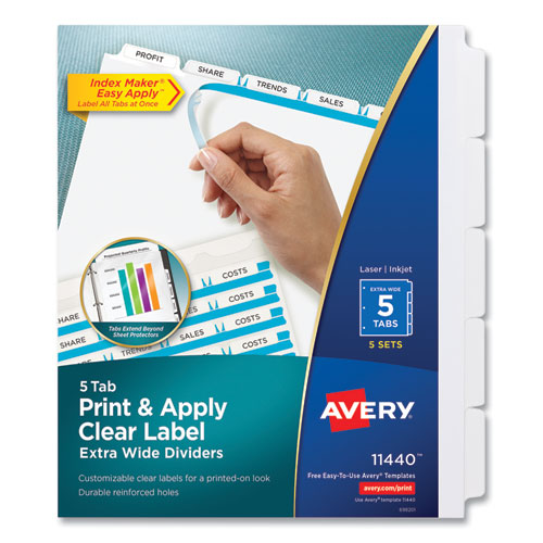Image of Avery® AVE11440 Print and Apply Index Maker Clear Label Dividers, Extra Wide Tab, 5-Tab, White Tabs, 11.25 x 9.25, White, 5 Sets