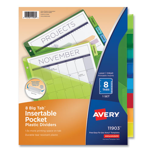 Image of Avery® 11903 Insertable Big Tab Plastic 1-Pocket Dividers, 8-Tab, 11.13 X 9.25, Assorted, 1 Set