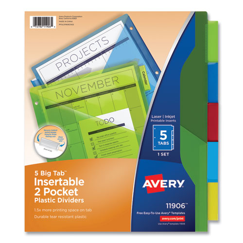 Image of Avery® 11906 Insertable Big Tab Plastic 2-Pocket Dividers, 5-Tab, 11.13 X 9.25, Assorted, 1 Set