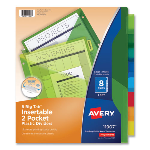 Image of Avery® 11907 Insertable Big Tab Plastic 2-Pocket Dividers, 8-Tab, 11.13 X 9.25, Assorted, 1 Set