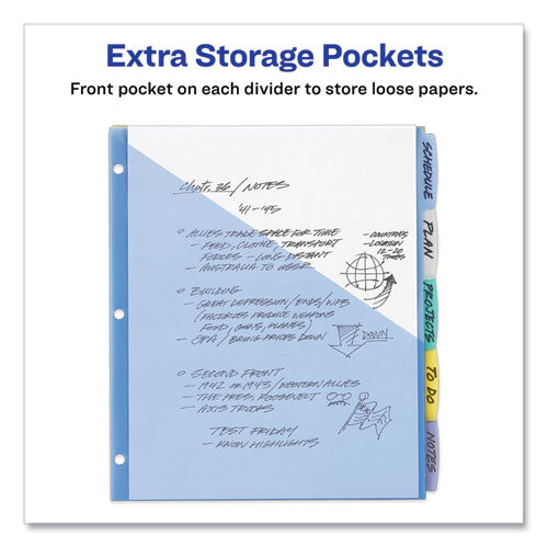 Image of Avery® 16176 Write and Erase Durable Plastic Dividers with Slash Pocket, 3-Hold Punched, 5-Tab, 11.13 x 9.25, Assorted, 1 Set