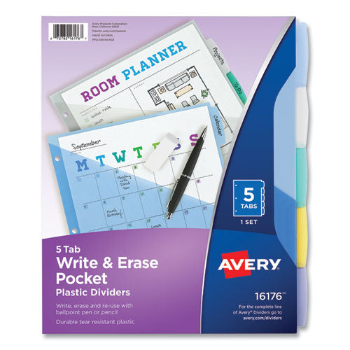 Image of Avery® 16176 Write and Erase Durable Plastic Dividers with Slash Pocket, 3-Hold Punched, 5-Tab, 11.13 x 9.25, Assorted, 1 Set