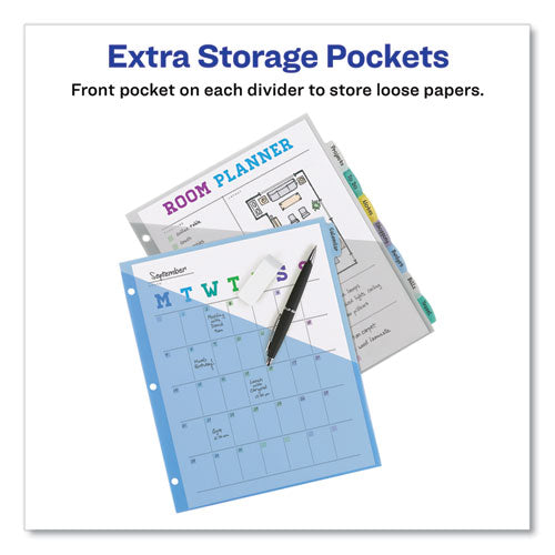 Image of Avery® 16177 Write and Erase Durable Plastic Dividers with Slash Pocket, 3-Hold Punched, 8-Tab, 11.13 x 9.25, Assorted, 1 Set