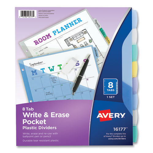 Image of Avery® 16177 Write and Erase Durable Plastic Dividers with Slash Pocket, 3-Hold Punched, 8-Tab, 11.13 x 9.25, Assorted, 1 Set