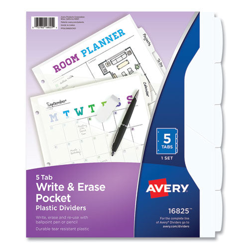 Image of Avery® 16825 Write and Erase Durable Plastic Dividers with Straight Pocket, 5-Tab, 11.13 x 9.25, White, 1 Set