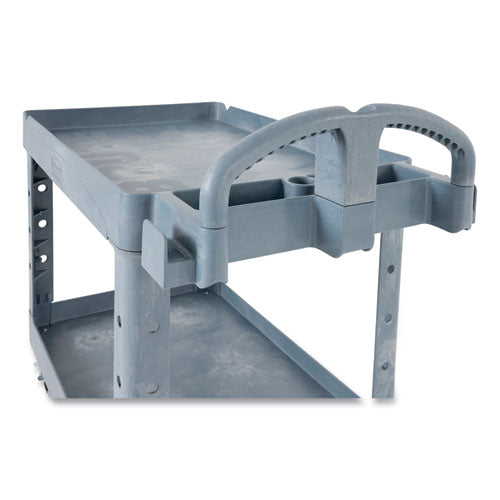 Image of Rubbermaid® Commercial 2192464 BRUTE Heavy-Duty Ergo Handle Utility Cart, Plastic, Two Shelves, 500 lb Capacity, 25.5" x 44" x 39", Gray