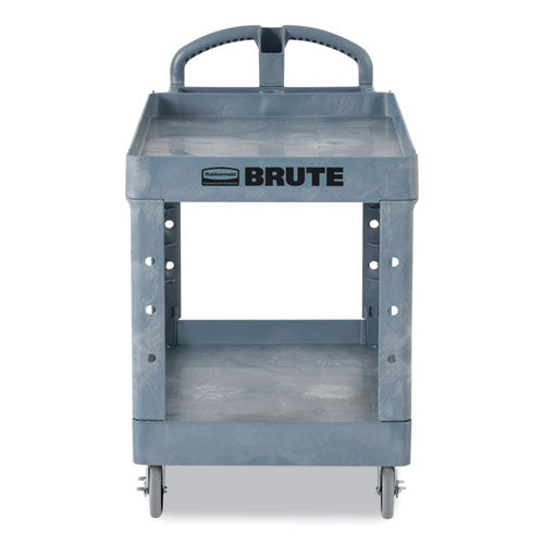 Image of Rubbermaid® Commercial 2192464 BRUTE Heavy-Duty Ergo Handle Utility Cart, Plastic, Two Shelves, 500 lb Capacity, 25.5" x 44" x 39", Gray