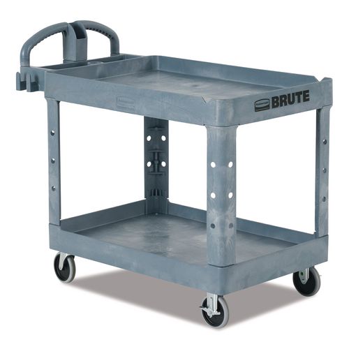 Image of Rubbermaid® Commercial 2192463 BRUTE Heavy-Duty Ergo Handle Utility Cart, Plastic, 2 Shelves, 750 lb Capacity, 26" x 55" x 33.25", Gray