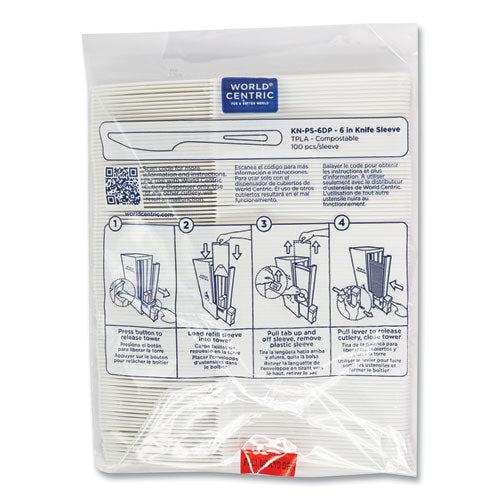 Image of World CentricÂ® Cutlery Dispenser Refills, Knife, Plastic, White, 100/Bag, 10 Bags/Carton