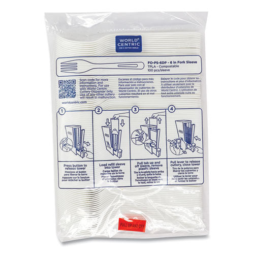 Image of World CentricÂ® Cutlery Dispenser Refills, Fork, Plastic, White, 100/Bag, 10 Bags/Carton