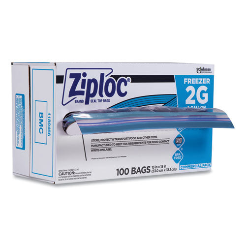 Image of Ziploc® 682254 Zipper Freezer Bags, 2 gal, 13" x 15.5", Clear, 100/Carton