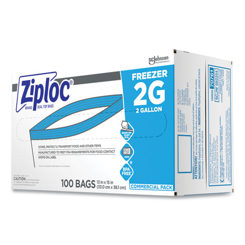 Image of Ziploc® 682254 Zipper Freezer Bags, 2 gal, 13" x 15.5", Clear, 100/Carton
