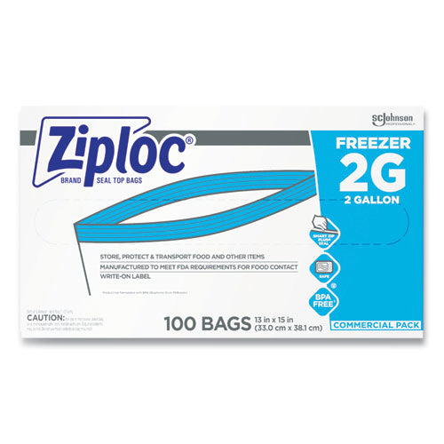 Image of Ziploc® 682254 Zipper Freezer Bags, 2 gal, 13" x 15.5", Clear, 100/Carton