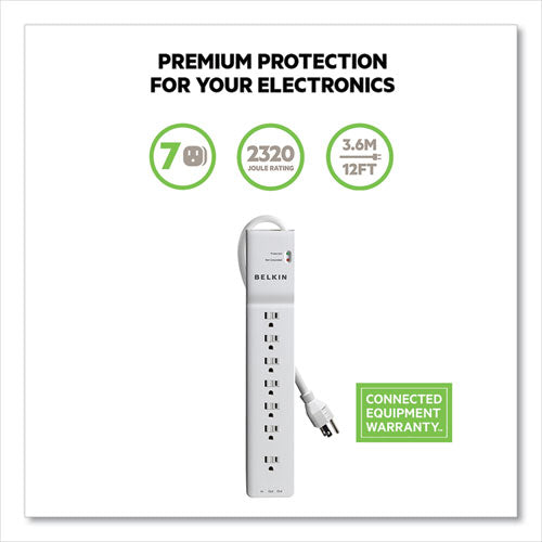 Image of Belkin® BE107200-12 Home/Office Surge Protector, 7 AC Outlets, 12 ft Cord, 2,160 J, White