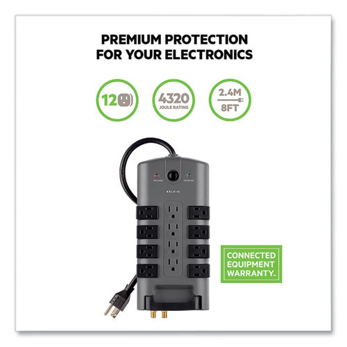 Image of BelkinÂ® Pivot Plug Surge Protector, 12 AC Outlets, 8 ft Cord, 4,320 J, Gray