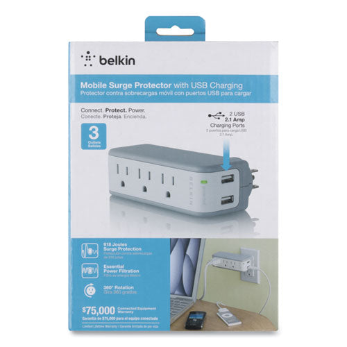 Image of Belkin® BST300BG SurgePlus USB Swivel Charger, 3 AC Outlets/2 USB Ports, 918 J, White