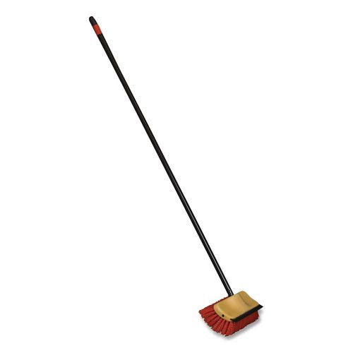 Image of O-Cedar® Commercial 6615 Bi-Level Floor Scrub Brush, Red Polypropylene Bristles, 10" Brush, 54" Black Metal Handle, 6/Carton