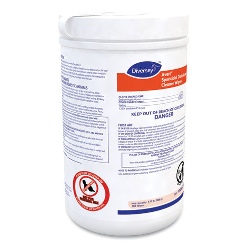 Image of Diversey 100895790 Avert Sporicidal Disinfectant Cleaner Wipes, 6 x 7, Chlorine Scent, 160/Canister, 12/Carton