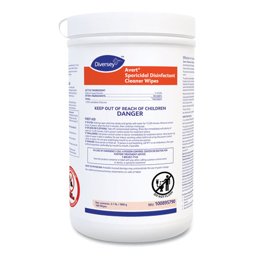 Image of Diversey 100895790 Avert Sporicidal Disinfectant Cleaner Wipes, 6 x 7, Chlorine Scent, 160/Canister, 12/Carton
