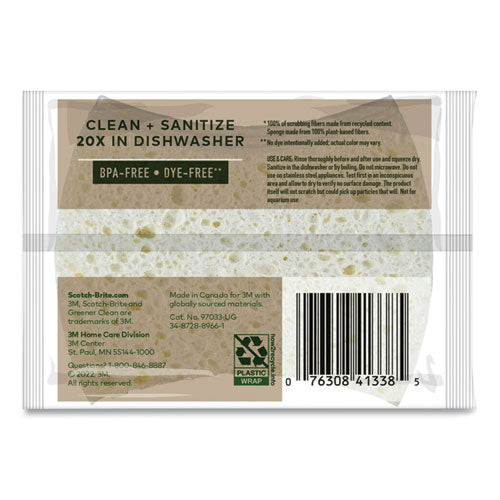 Image of Scotch-Brite® 7100290143 Greener Clean Non-Scratch Scrub Sponge, 2.6 x 3.3, 0.7" Thick, White, 3/Pack