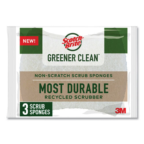 Image of Scotch-Brite® 7100290143 Greener Clean Non-Scratch Scrub Sponge, 2.6 x 3.3, 0.7" Thick, White, 3/Pack