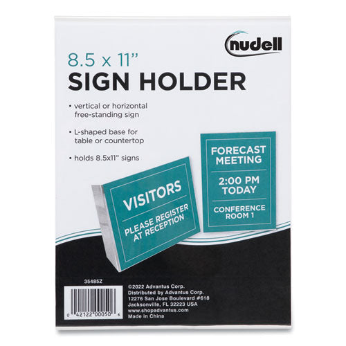 Image of NuDell 35485Z Clear Plastic Slanted L-Shaped Countertop Sign Holder, Side-Load, Horizontal/Vertical Orientation, 8.5 x 11 Insert